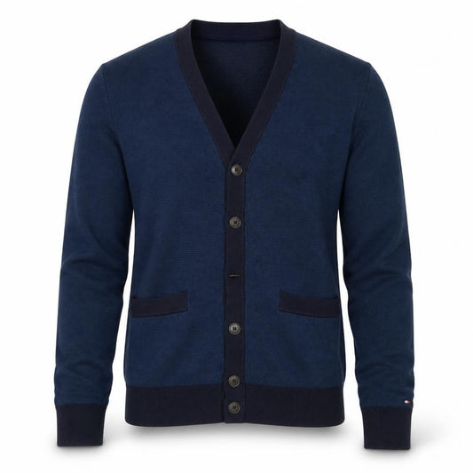 Tommy Hilfiger Men's Blue S Button V-Neck Cotton Knit Cardigan Pockets