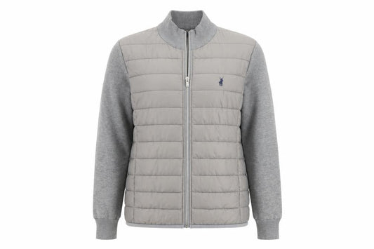 Polo Women Grey M Quilted Puffer Jacket Full Zip Knit Sleeve Logo