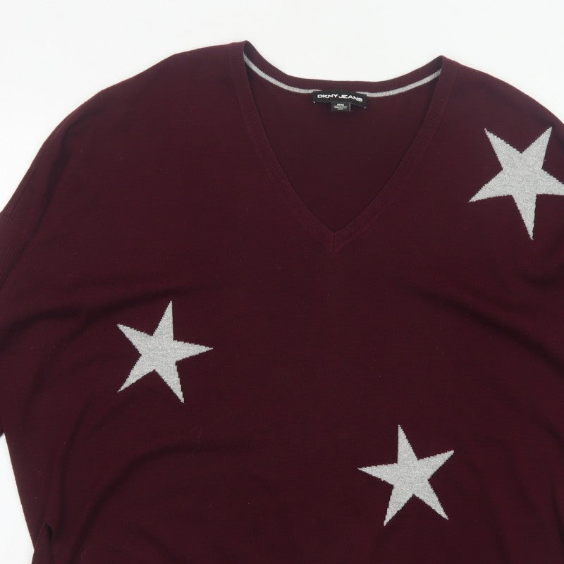 DKNY Jeans Women Red M V-Neck Star Knit Pullover Jumper