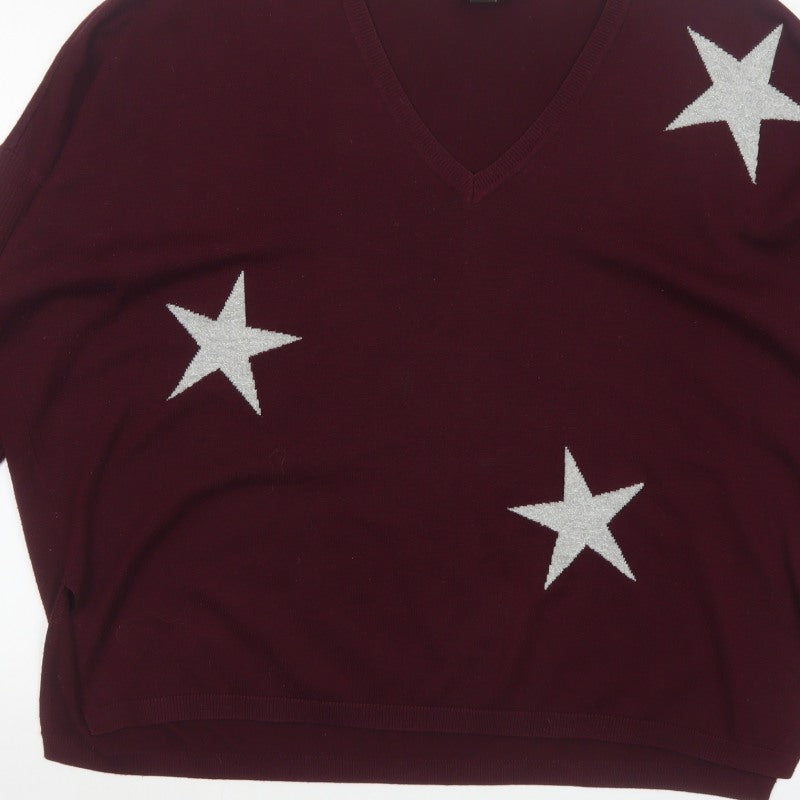 DKNY Jeans Women Red M V-Neck Star Knit Pullover Jumper