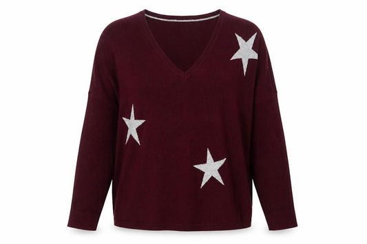 DKNY Jeans Women Red M V-Neck Star Knit Pullover Jumper