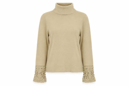 Karen Millen Women Beige UK 8 Roll Neck Crochet Cuff Wool Jumper