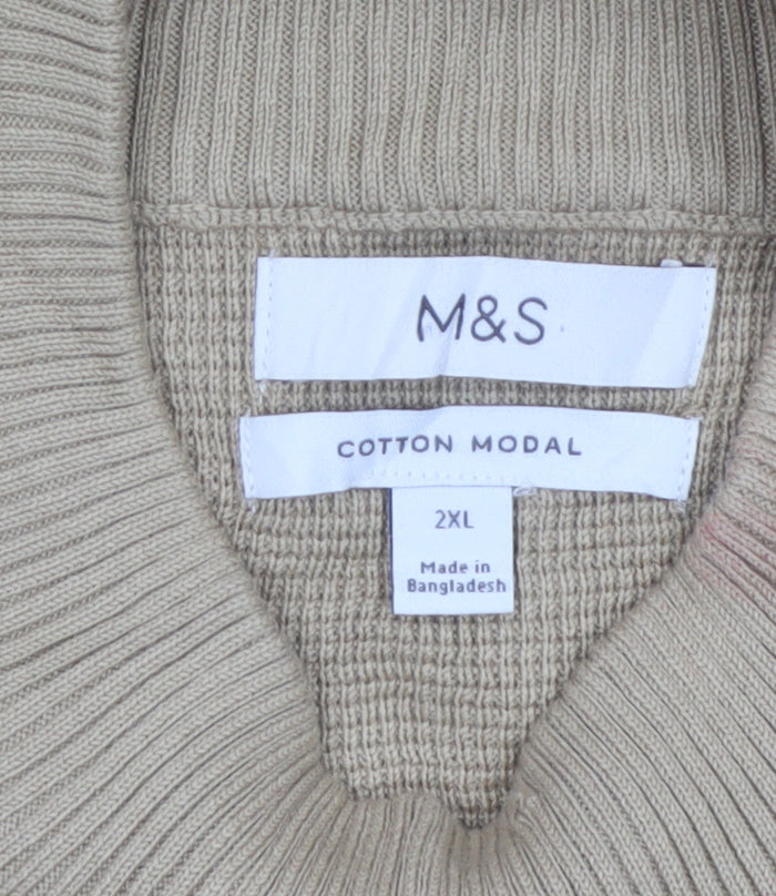 Marks & Spencer Men Beige 2XL Roll Neck Cotton Modal Pullover Jumper