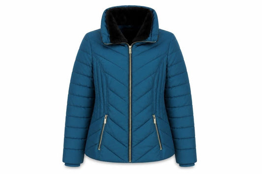 Oasis Women’s Blue UK 8 Quilted Puffer Jacket Faux Fur Collar