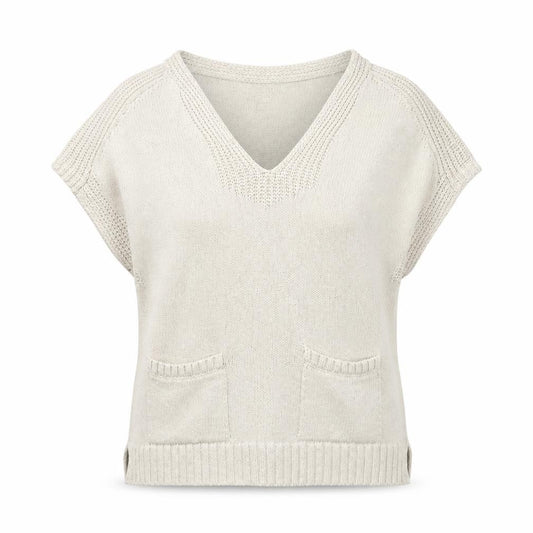 Massimo Dutti Women Ivory UK 12 V-Neck Short Sleeve Knit Jumper