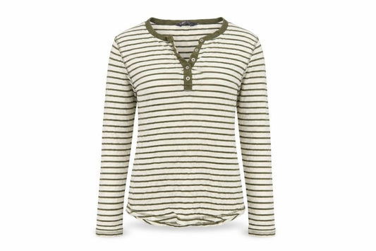 Marks and Spencer Women Green Striped UK 8 Long Sleeve Henley Jersey Top