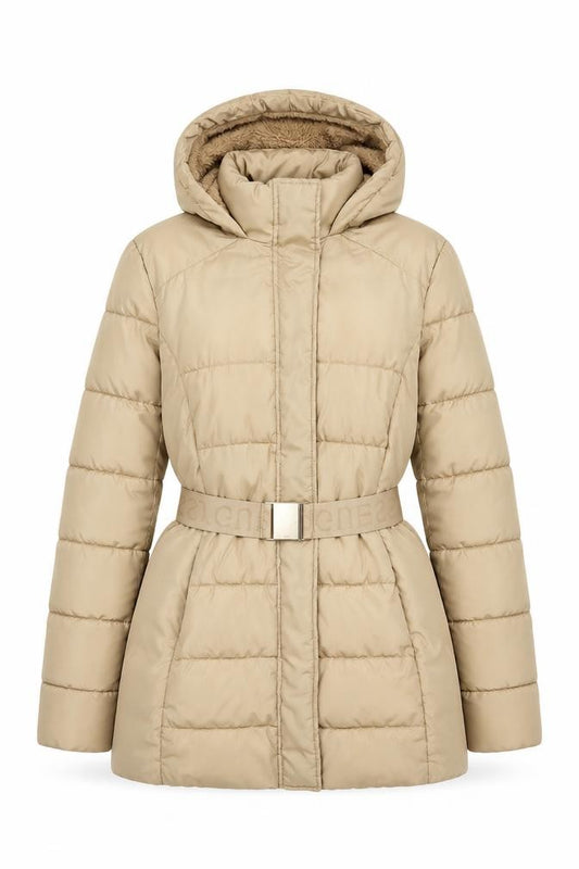 Guess Women’s Beige UK 8 Hooded Belted Puffer Jacket Mid-Length