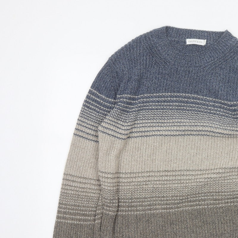 Celtic & Co. Men's Grey Blue Stripe Knit Pullover Jumper Size S Cotton