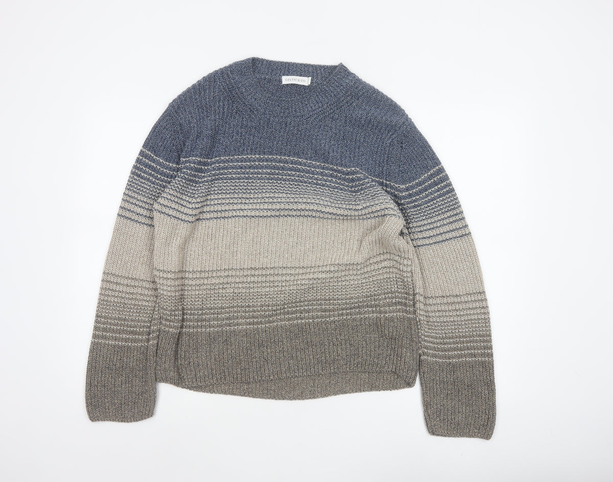 Celtic & Co. Men's Grey Blue Stripe Knit Pullover Jumper Size S Cotton
