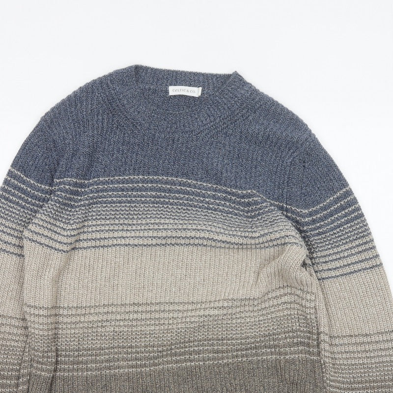 Celtic & Co. Men's Grey Blue Stripe Knit Pullover Jumper Size S Cotton