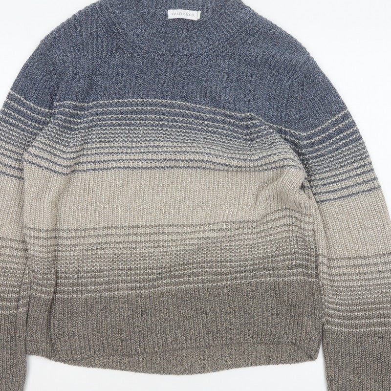 Celtic & Co. Men's Grey Blue Stripe Knit Pullover Jumper Size S Cotton