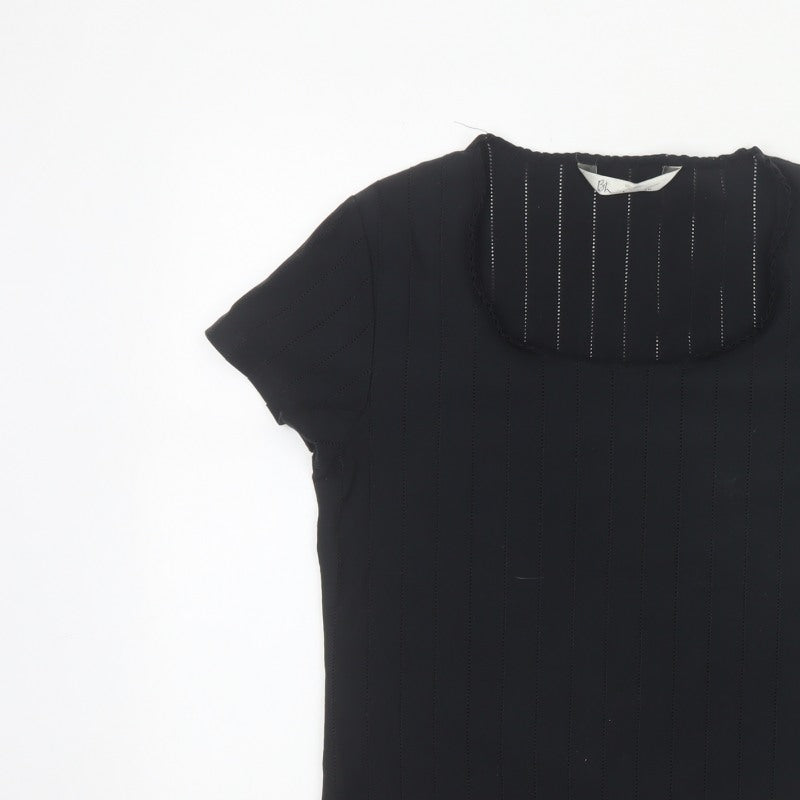 Bhs Women Black Size 16 Ruffle Neck Short Sleeve Striped Blouse
