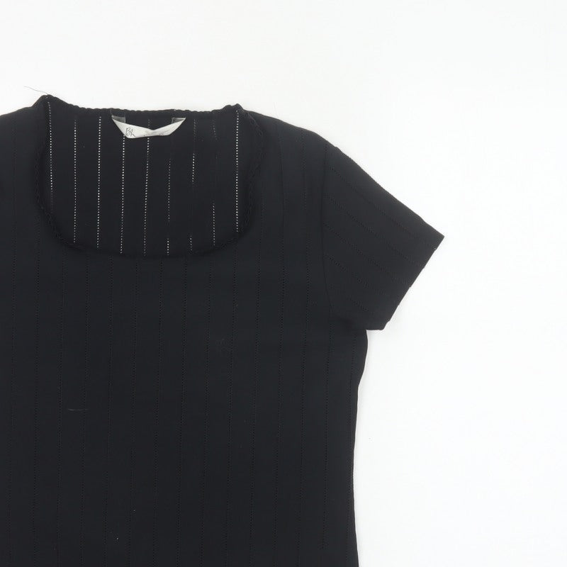 Bhs Women Black Size 16 Ruffle Neck Short Sleeve Striped Blouse
