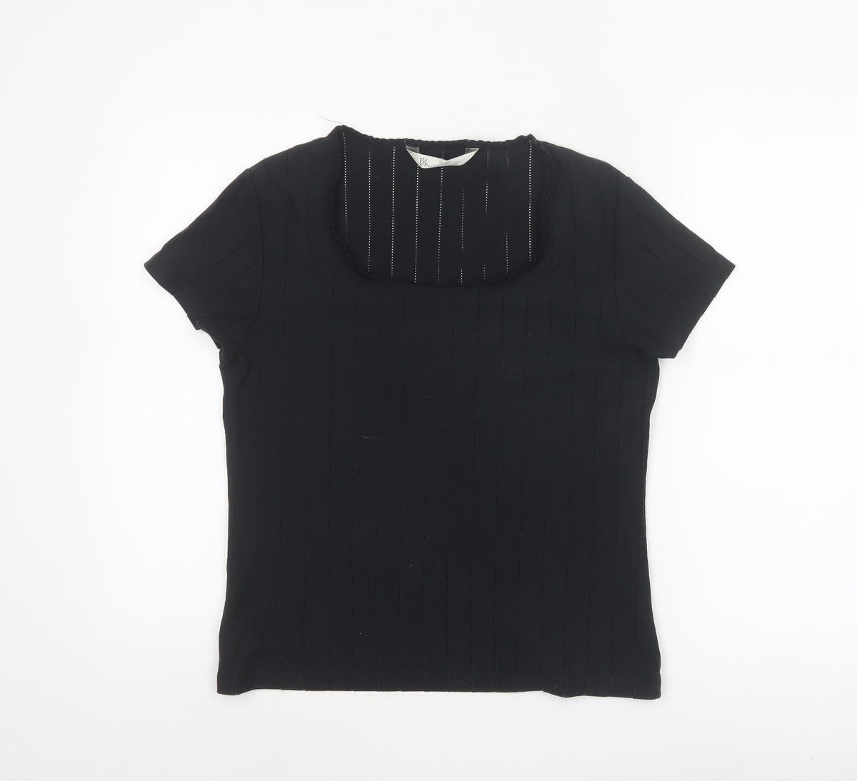 Bhs Women Black Size 16 Ruffle Neck Short Sleeve Striped Blouse