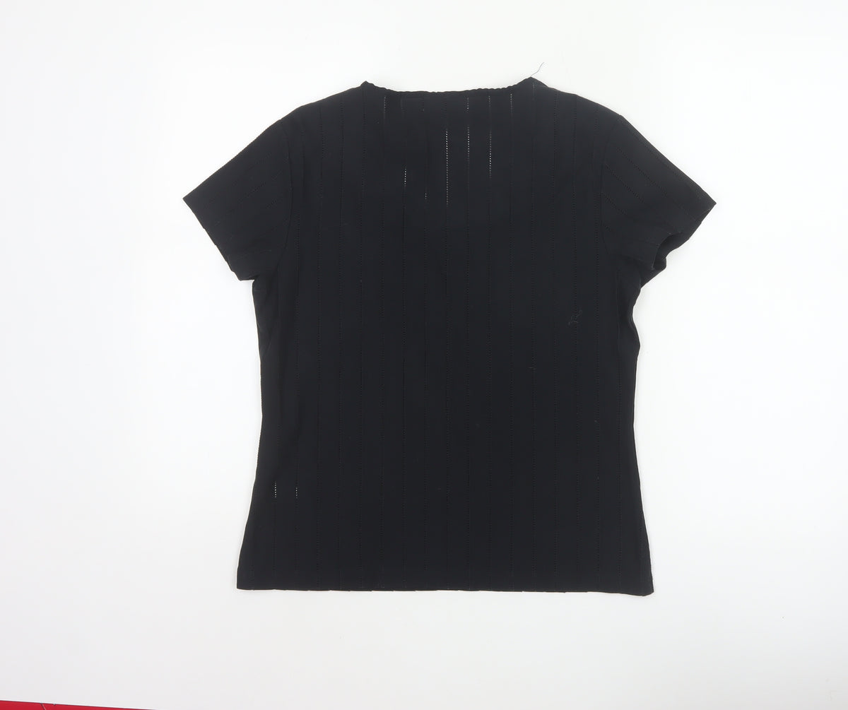Bhs Women Black Size 16 Ruffle Neck Short Sleeve Striped Blouse