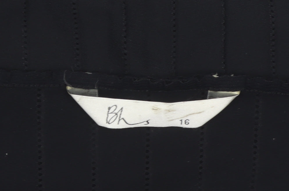 Bhs Women Black Size 16 Ruffle Neck Short Sleeve Striped Blouse