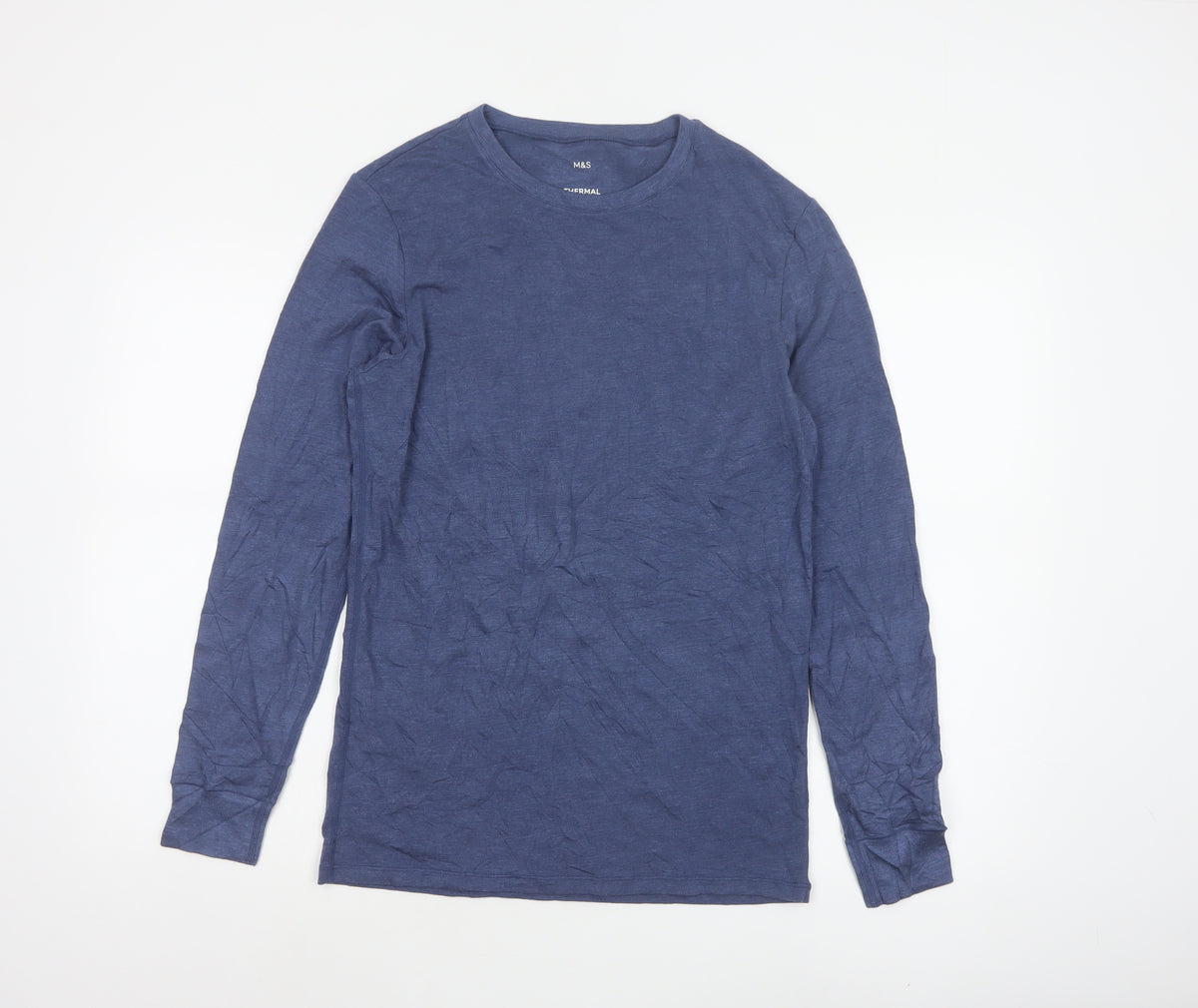 Marks & Spencer Men Blue Small Thermal Long Sleeve Basic T-Shirt