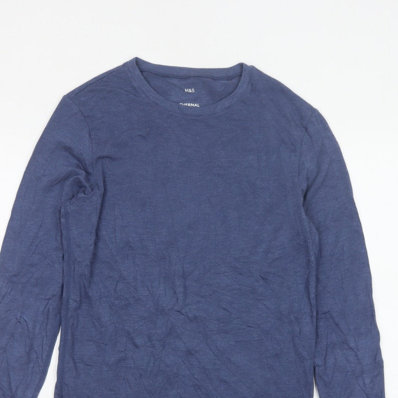 Marks & Spencer Men Blue Small Thermal Long Sleeve Basic T-Shirt