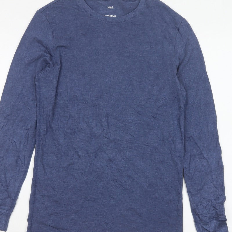 Marks & Spencer Men Blue Small Thermal Long Sleeve Basic T-Shirt