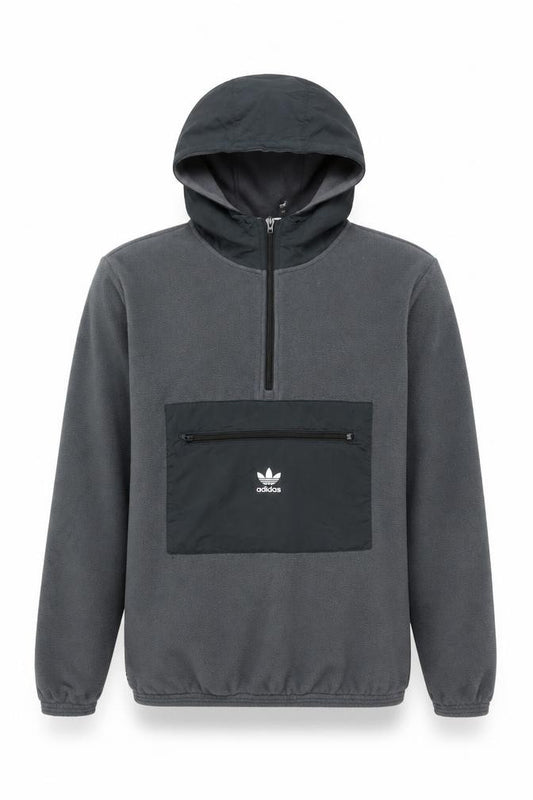 Adidas Men Grey M Fleece Half Zip Hooded Pullover Pocket Hoodie