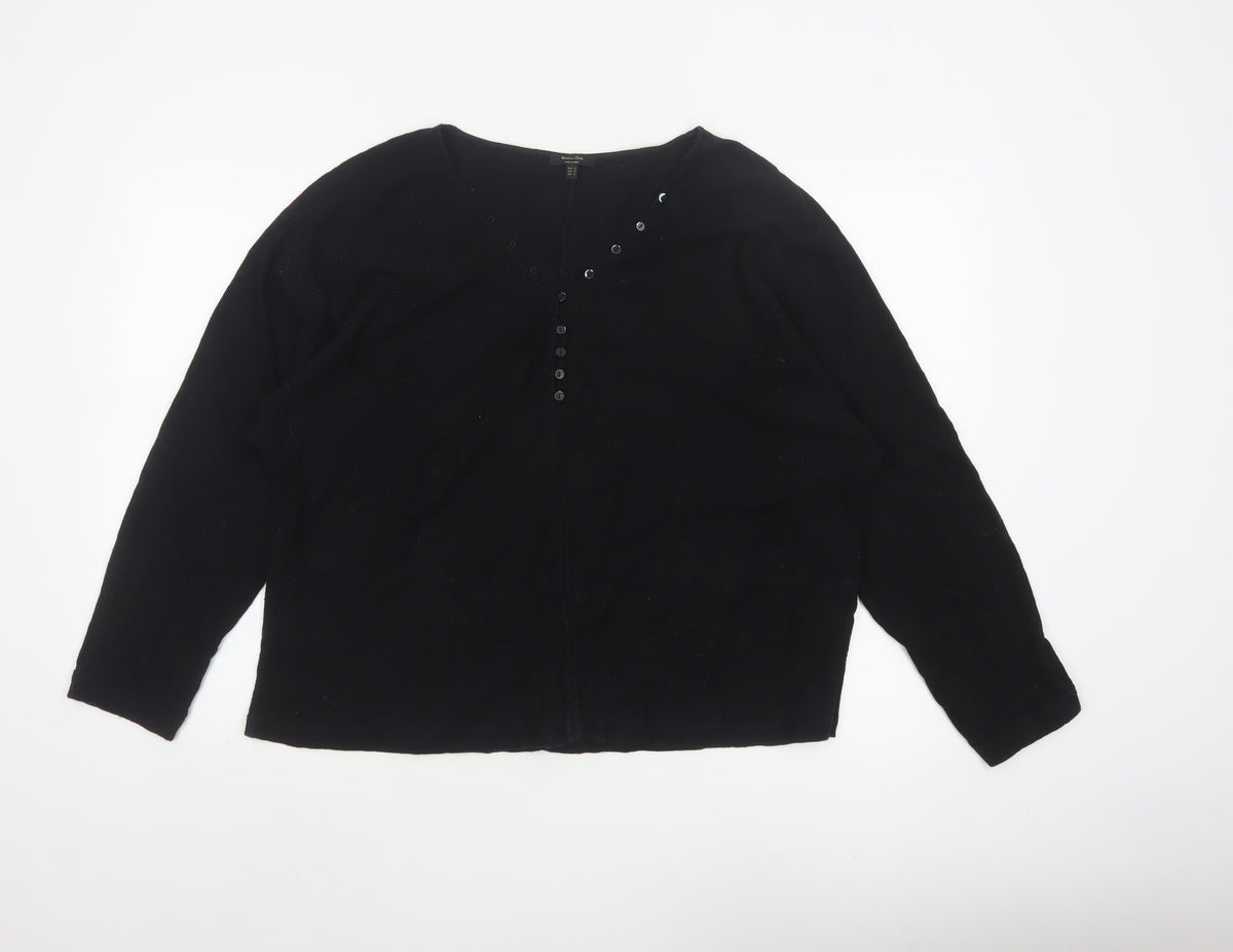 Massimo Dutti Women Black M Cotton Knit Button-Up Long Sleeve Top