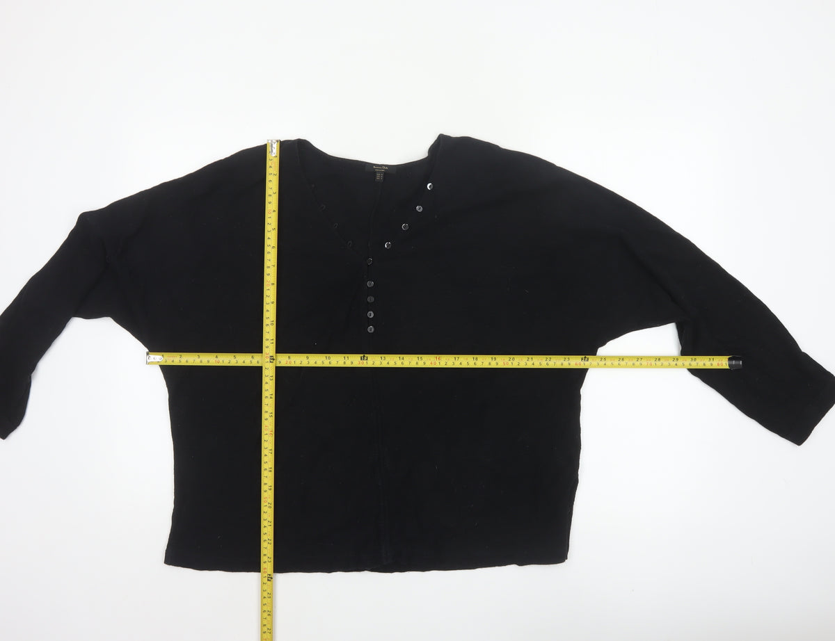 Massimo Dutti Women Black M Cotton Knit Button-Up Long Sleeve Top