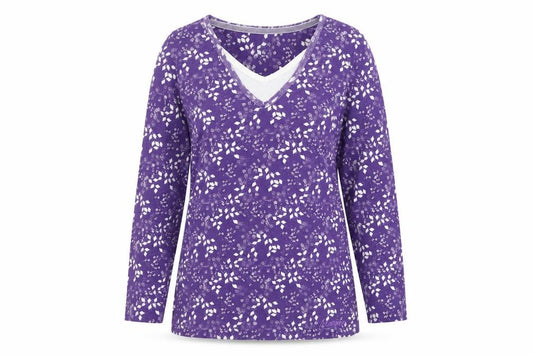 Maine New England Women’s Purple Size 12 Floral V-Neck Long Sleeve T-Shirt