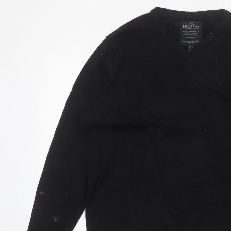 Threadbare Men Black XL V-Neck Pullover Cotton Blend Logo Jumper