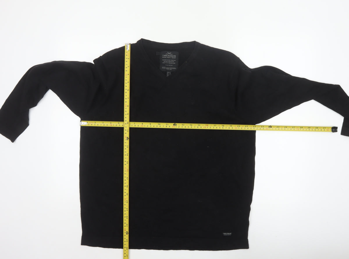 Threadbare Men Black XL V-Neck Pullover Cotton Blend Logo Jumper