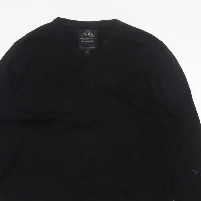 Threadbare Men Black XL V-Neck Pullover Cotton Blend Logo Jumper