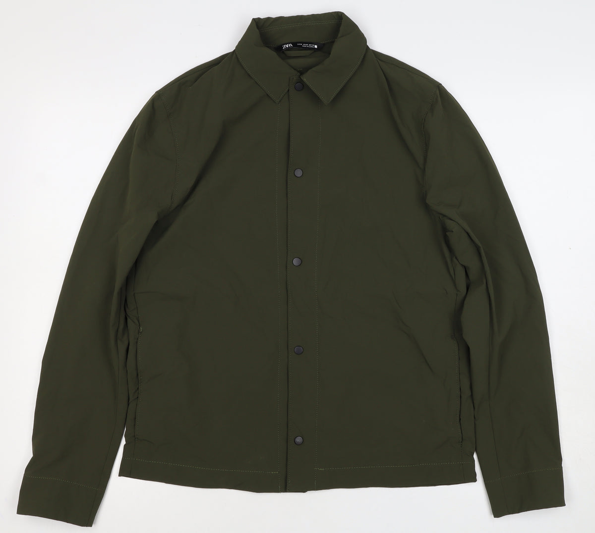 Zara Men’s Green M Lightweight Snap Front Jacket Zip Pockets