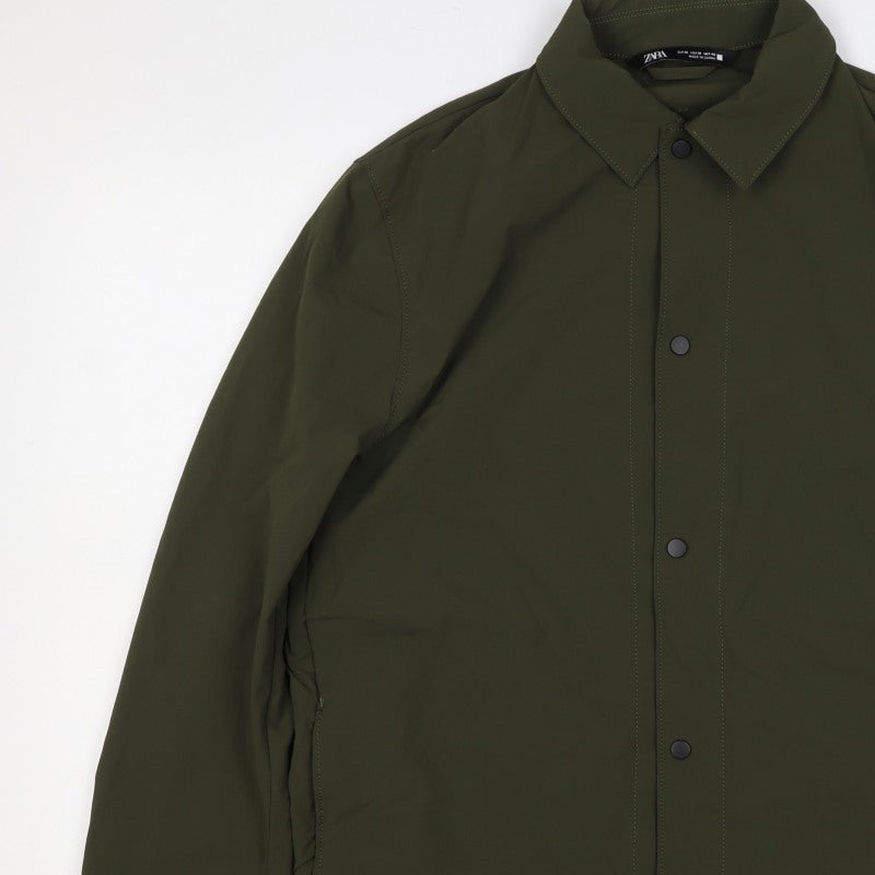 Zara Men’s Green M Lightweight Snap Front Jacket Zip Pockets
