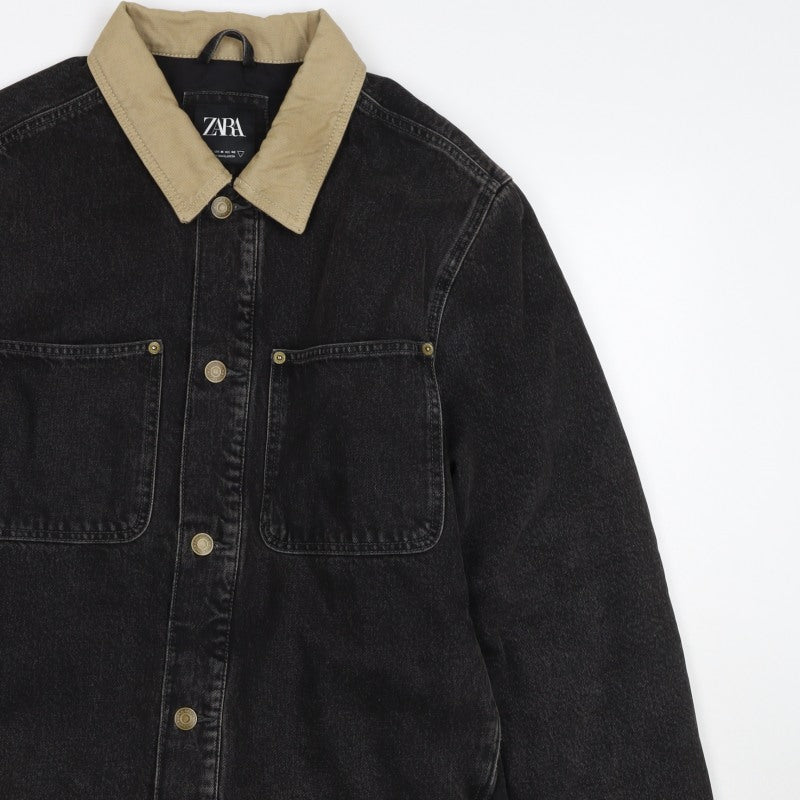 Zara Men Black M Denim Padded Jacket Beige Collar Button Workwear
