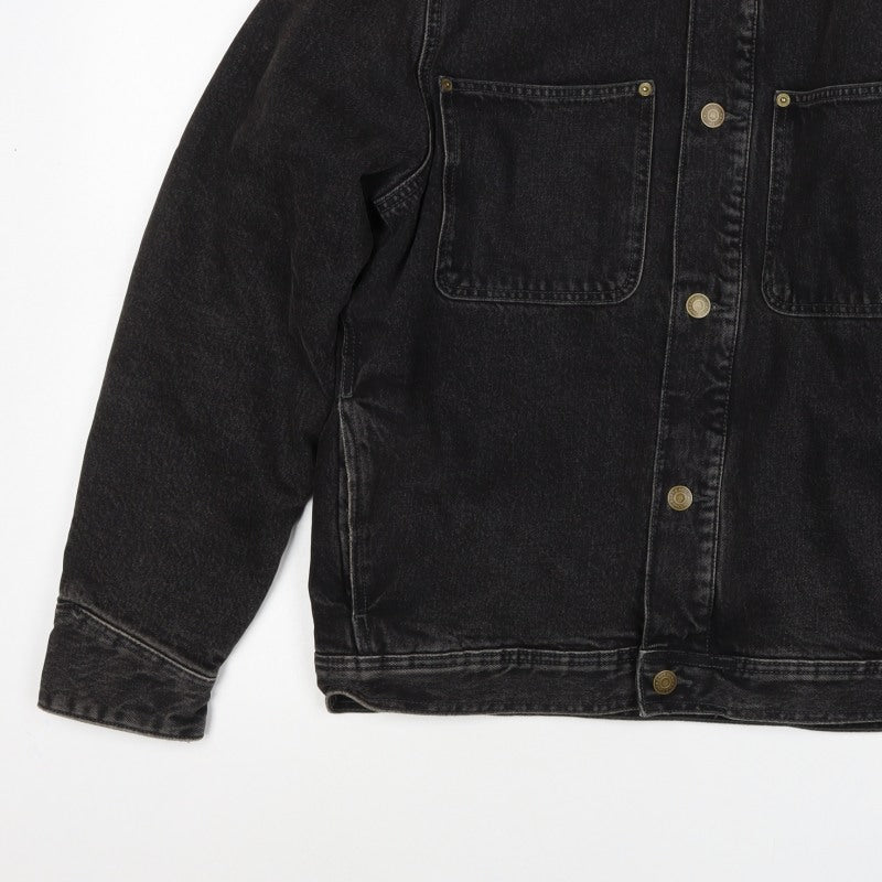 Zara Men Black M Denim Padded Jacket Beige Collar Button Workwear