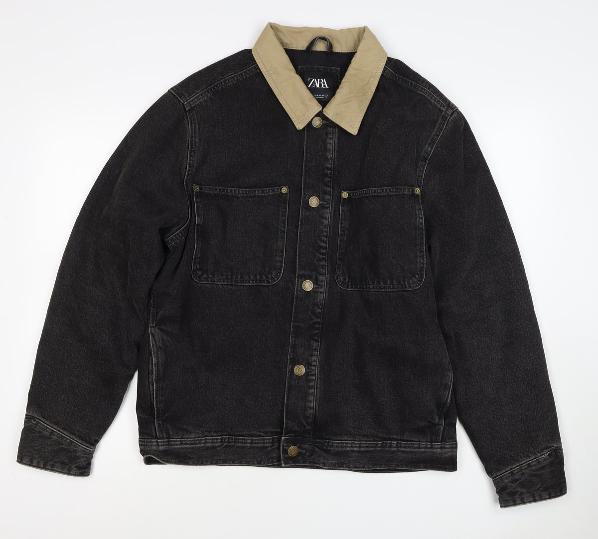 Zara Men Black M Denim Padded Jacket Beige Collar Button Workwear