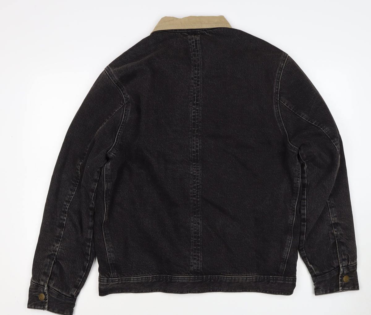 Zara Men Black M Denim Padded Jacket Beige Collar Button Workwear