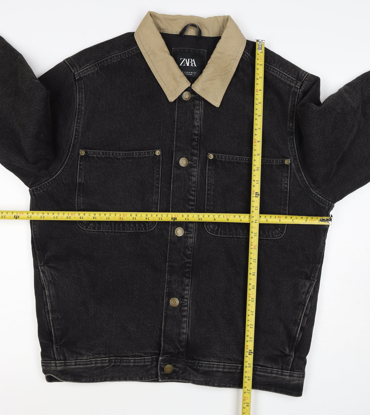 Zara Men Black M Denim Padded Jacket Beige Collar Button Workwear