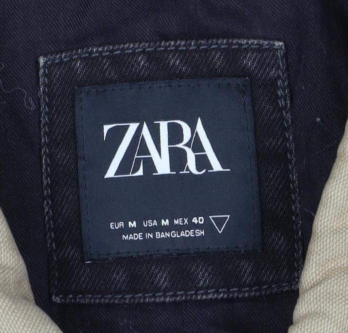 Zara Men Black M Denim Padded Jacket Beige Collar Button Workwear