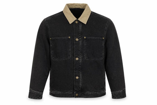 Zara Men Black M Denim Padded Jacket Beige Collar Button Workwear