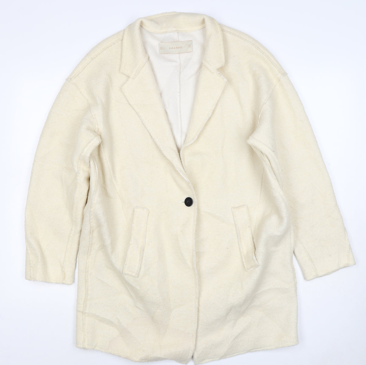 Zara Women Ivory Linen Overcoat Size L Single Breasted Collared