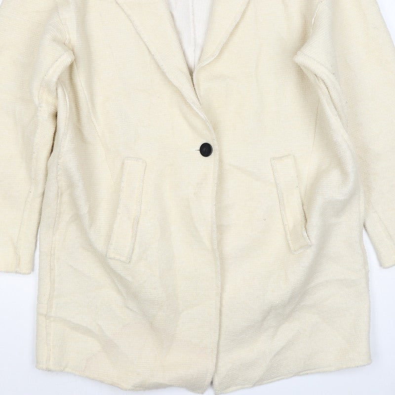 Zara Women Ivory Linen Overcoat Size L Single Breasted Collared