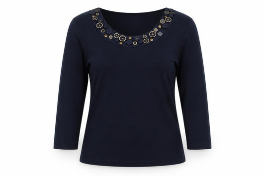 CC Women’s Navy Blue M Cotton Button Trim 3/4 Sleeve Blouse