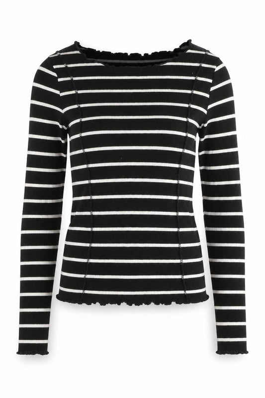 Brave Soul Women Black White Striped S Basic Ribbed Long Sleeve Top