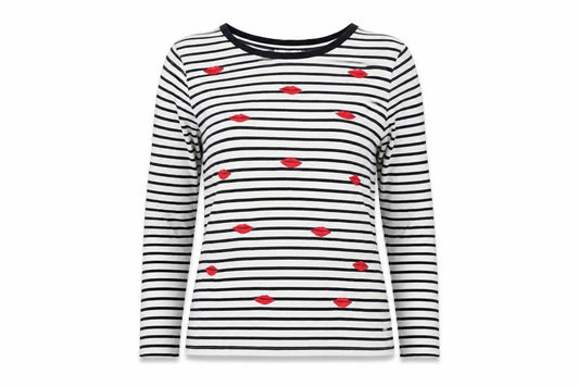 edc by Esprit Women’s M White Black Stripe Red Lips Long Sleeve T-Shirt