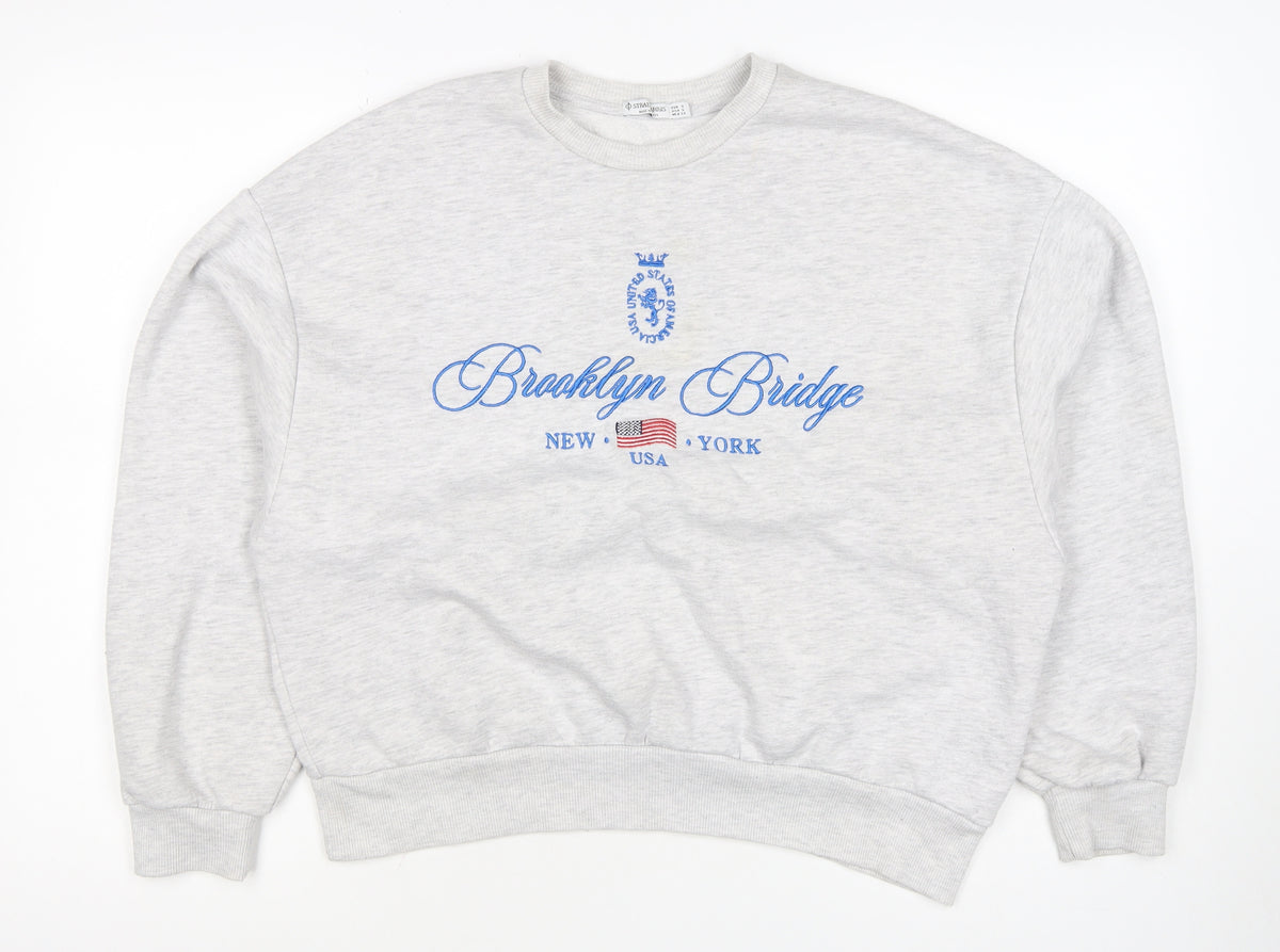 Stradivarius Women Grey S Brooklyn Bridge USA Embroidered Sweatshirt