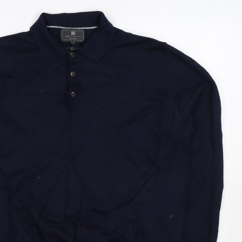 Marks and Spencer Men's Navy L Merino Blend Collared Henley Jumper