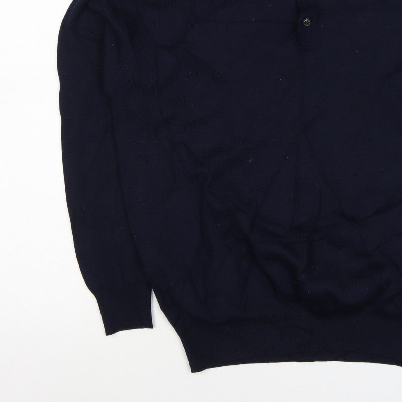 Marks and Spencer Men's Navy L Merino Blend Collared Henley Jumper