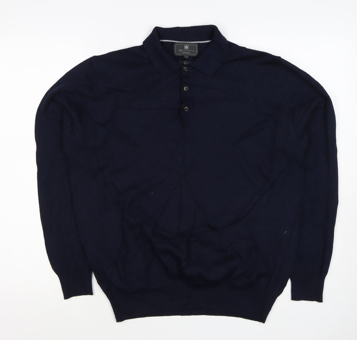 Marks and Spencer Men's Navy L Merino Blend Collared Henley Jumper