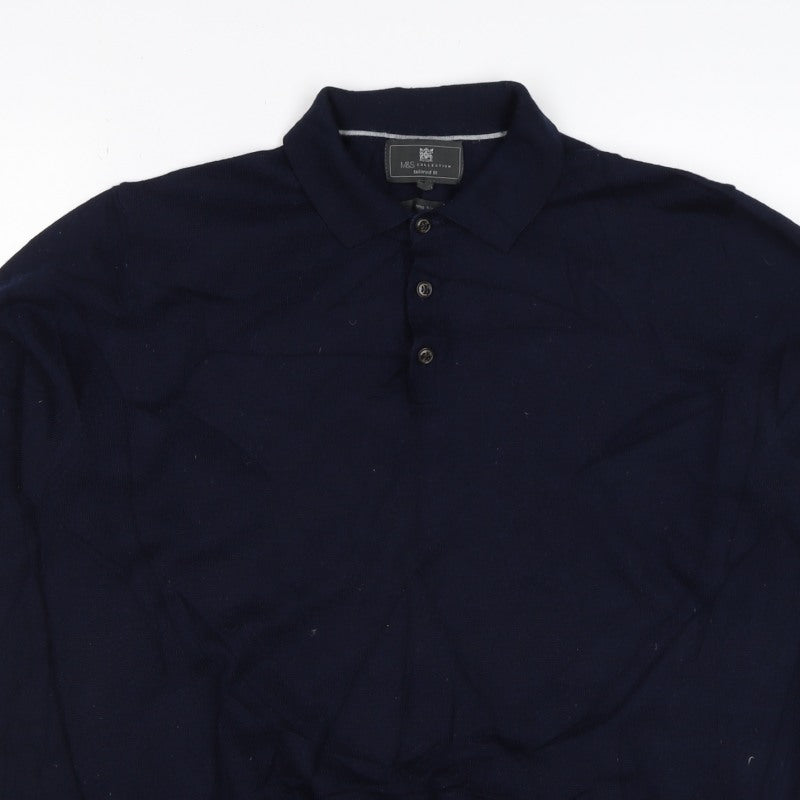 Marks and Spencer Men's Navy L Merino Blend Collared Henley Jumper