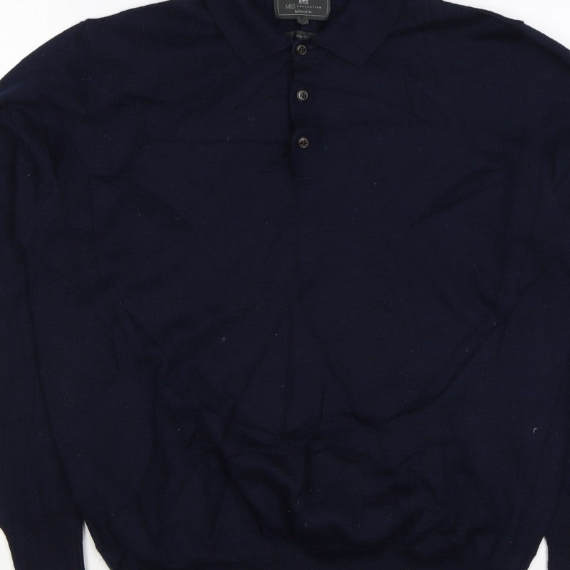 Marks and Spencer Men's Navy L Merino Blend Collared Henley Jumper